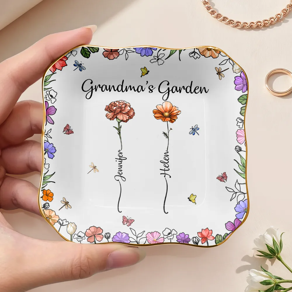 Grandma's Garden Birth Flower - Personalized Lace Square Jewelry Dish - Image 4