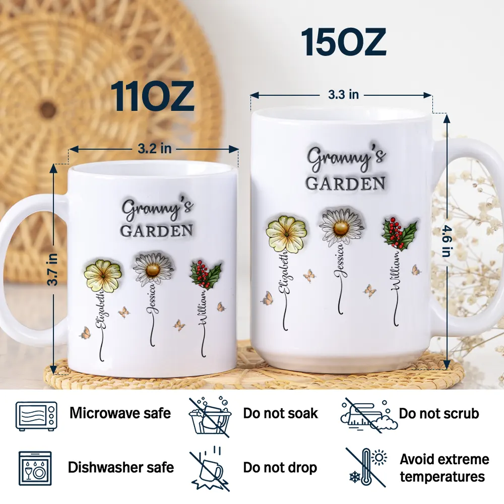 Grandma's Garden Birth Flowers - 3D Inflated Effect Printed Mug, Personalized White Edge-to-Edge Mug - Image 5