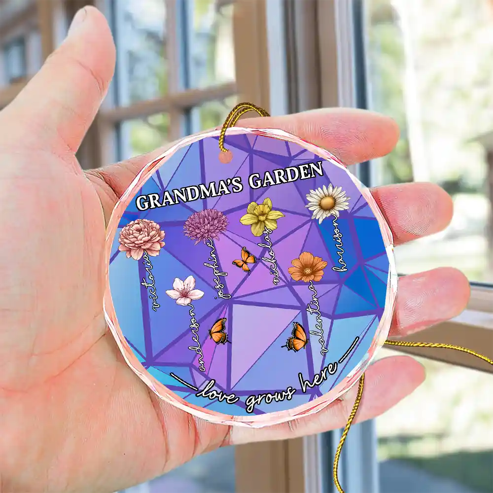 Grandma's Garden Birth Month Flowers - Personalized Circle Glass Ornament - Image 4