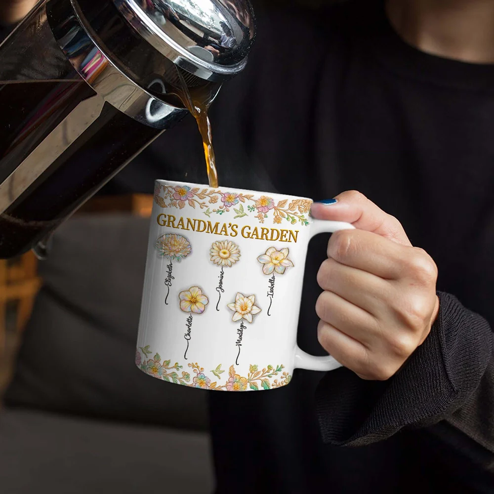 Grandma's Garden Nacre Effect Birth Flower - Personalized White Edge-to-Edge Mug - Image 4