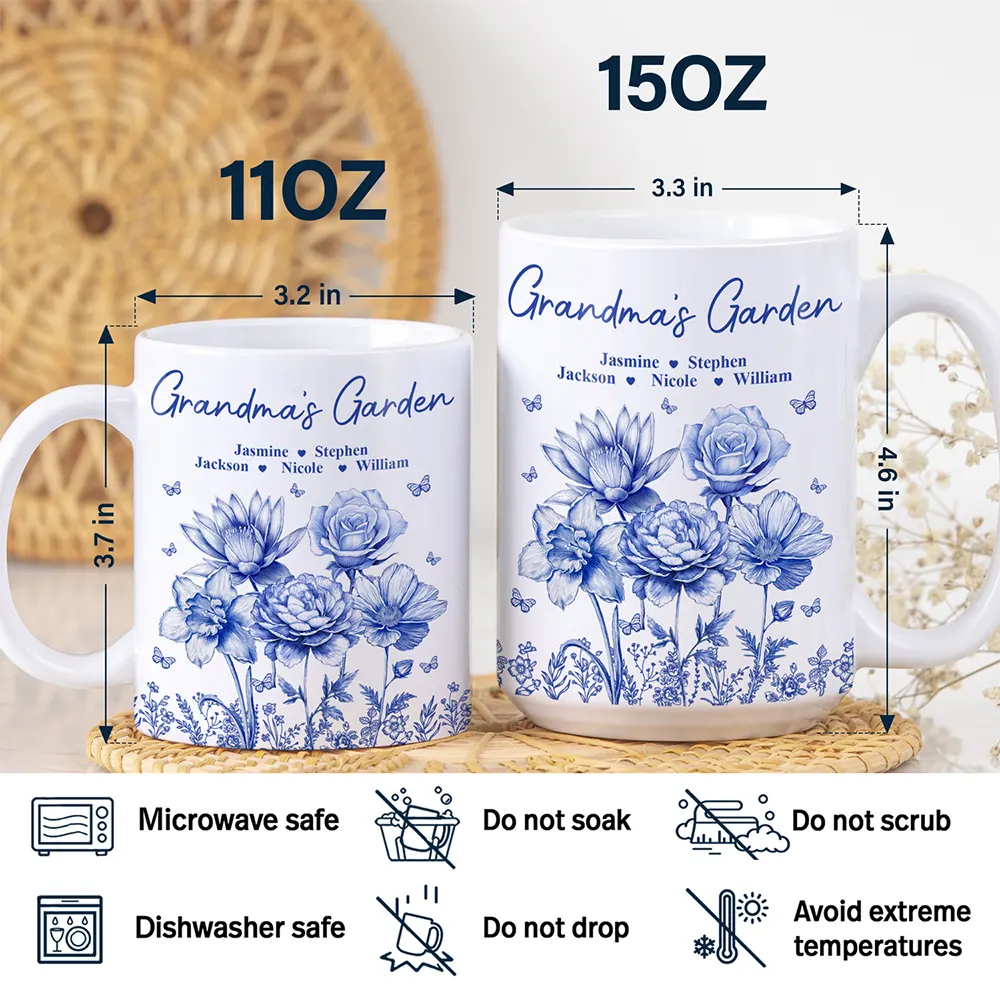 Grandma's Garden Toile Birth Flower - Personalized White Edge-to-Edge Mug - Image 5