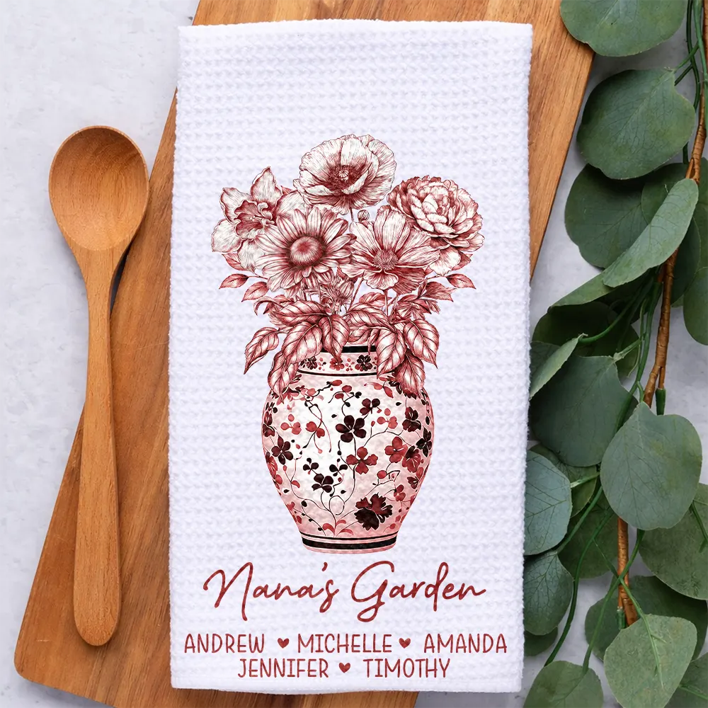 Grandma's Garden Toile Birth Flower Vase - Personalized Kitchen Towel - Image 2