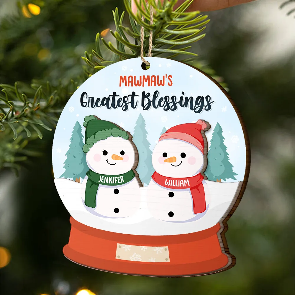 Grandma's Grandpa's Mom's Dad's Little Snowmen Snow Angels - Personalized 2-Layered Wooden Ornament - Image 2