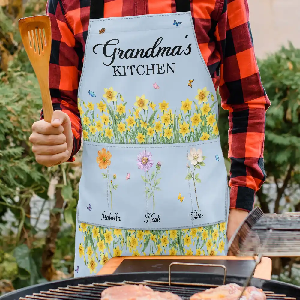 Grandma's Kitchen Watercolor Birth Month Flower - Personalized Apron - Image 3
