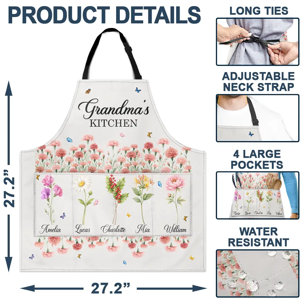 Grandma's Kitchen Watercolor Birth Month Flower - Personalized Apron - Image 4