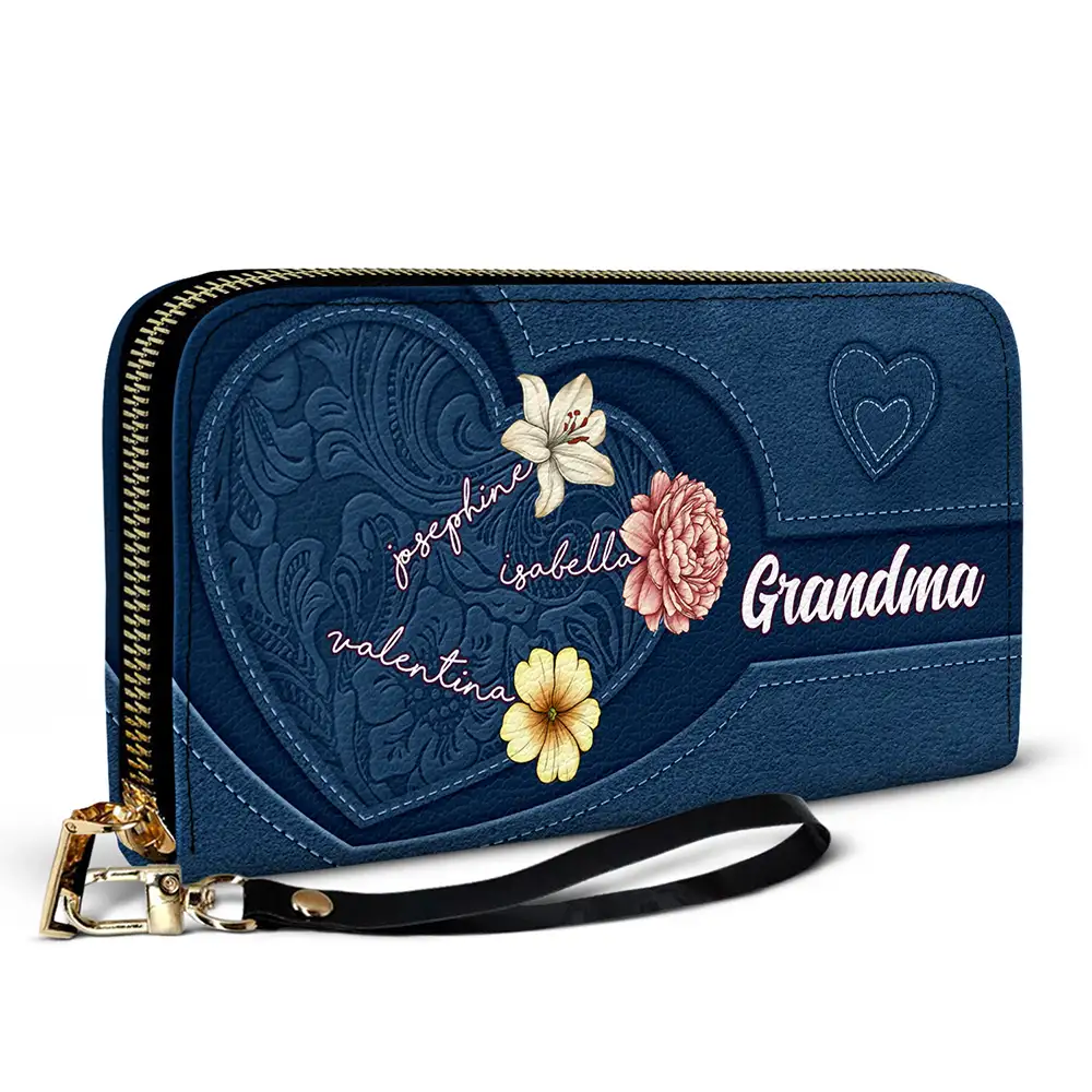 Grandma's Little Hearts Birth Month Flowers - Personalized Leather Long Wallet - Image 2
