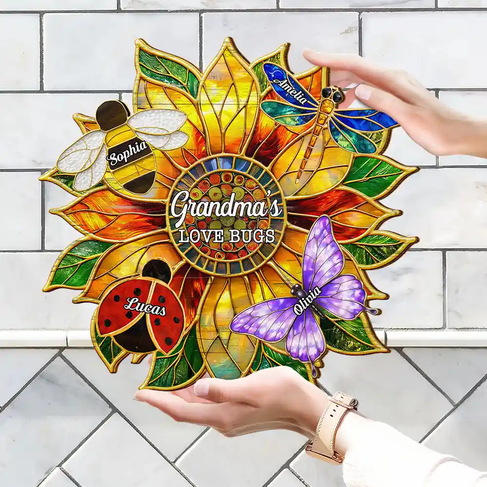 Grandma's Love Bugs Stained Glass Effect - Personalized Custom Shaped Wood Sign - Image 6