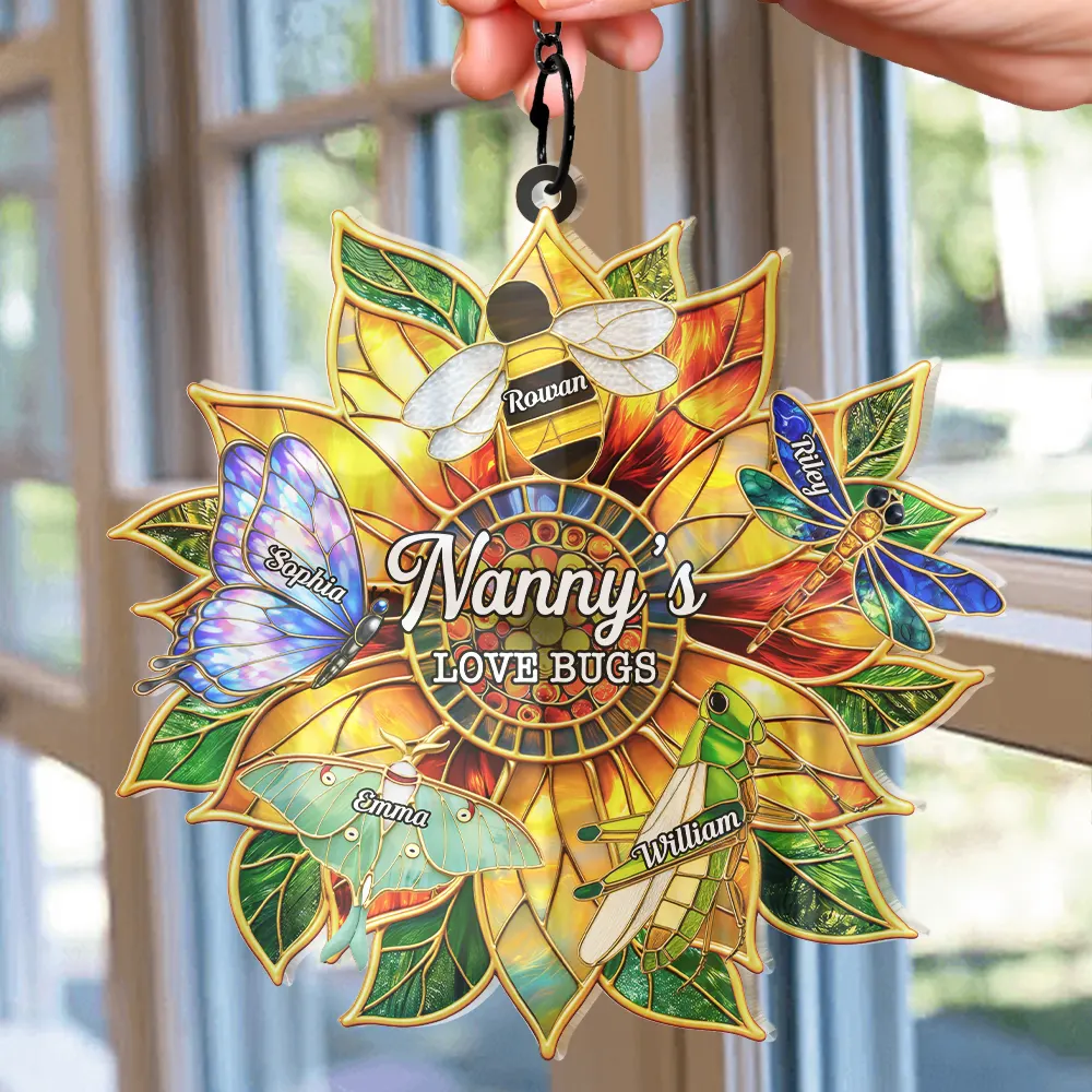 Grandma's Love Bugs Stained Glass Effect - Personalized Window Hanging Suncatcher Ornament - Image 2