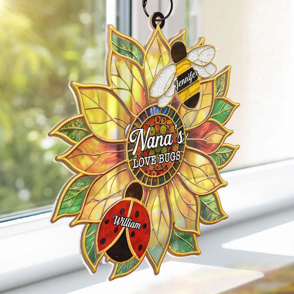 Grandma's Love Bugs Stained Glass Effect - Personalized Window Hanging Suncatcher Ornament - Image 4