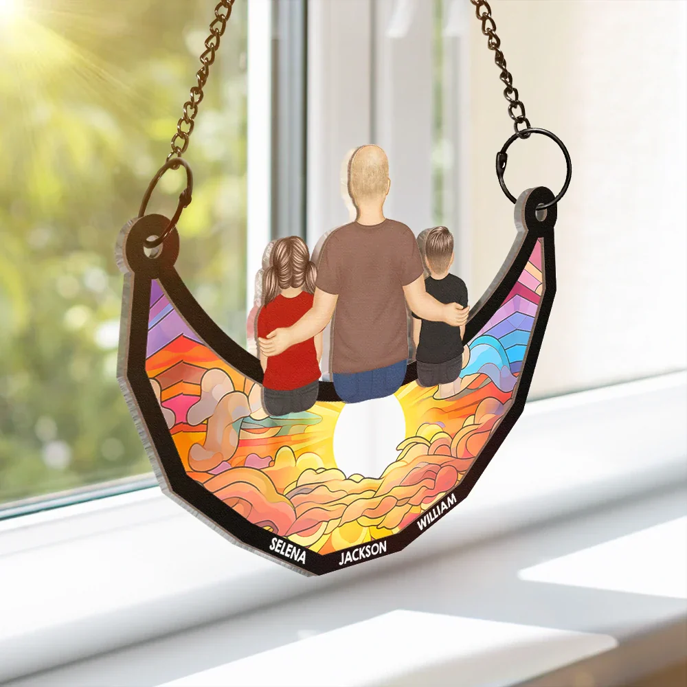 Grandpa And Grandkids On The Moon - Personalized Window Hanging Suncatcher Ornament - Image 3