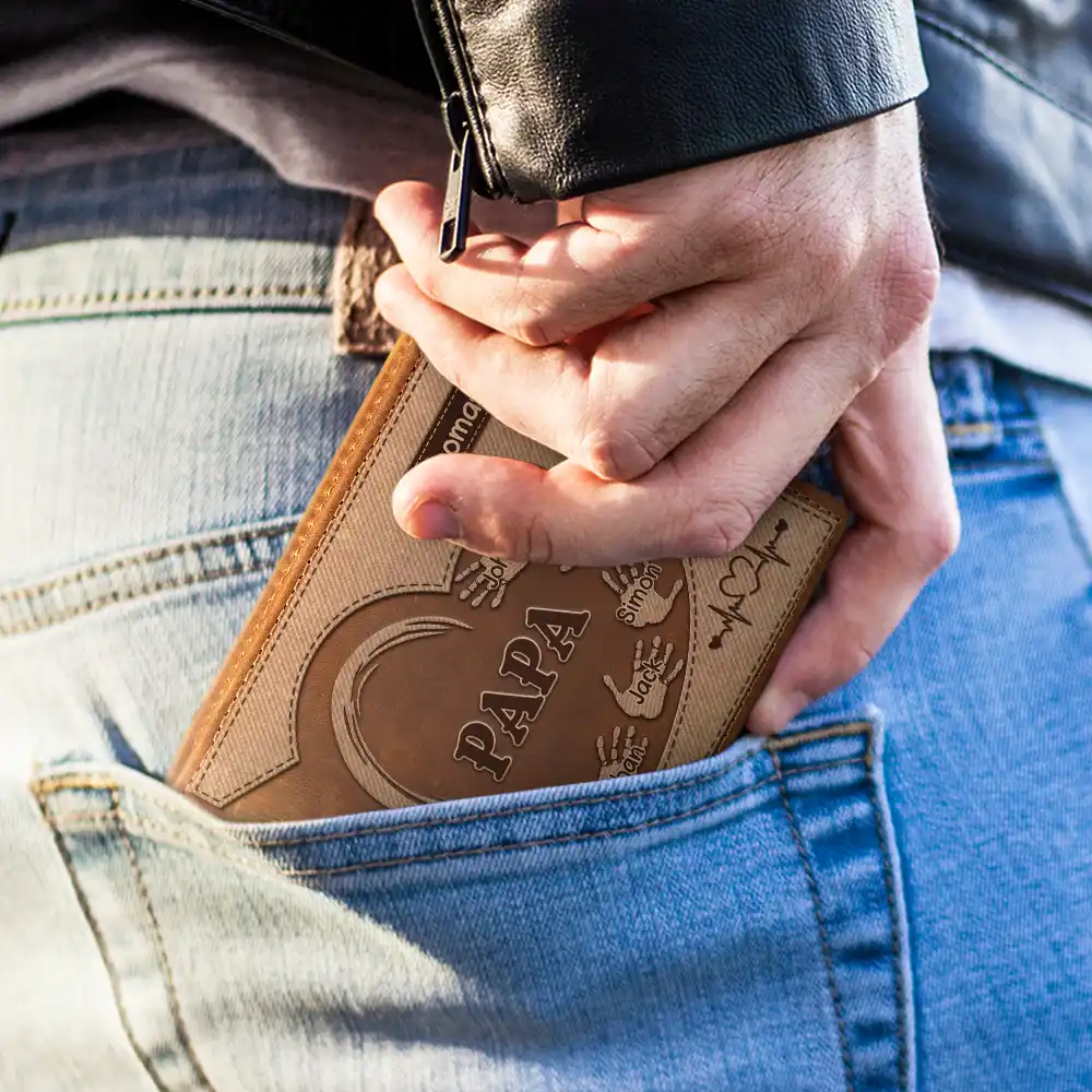 Grandpa Dad Kids Handprints - Personalized Leather Wallet - Image 3