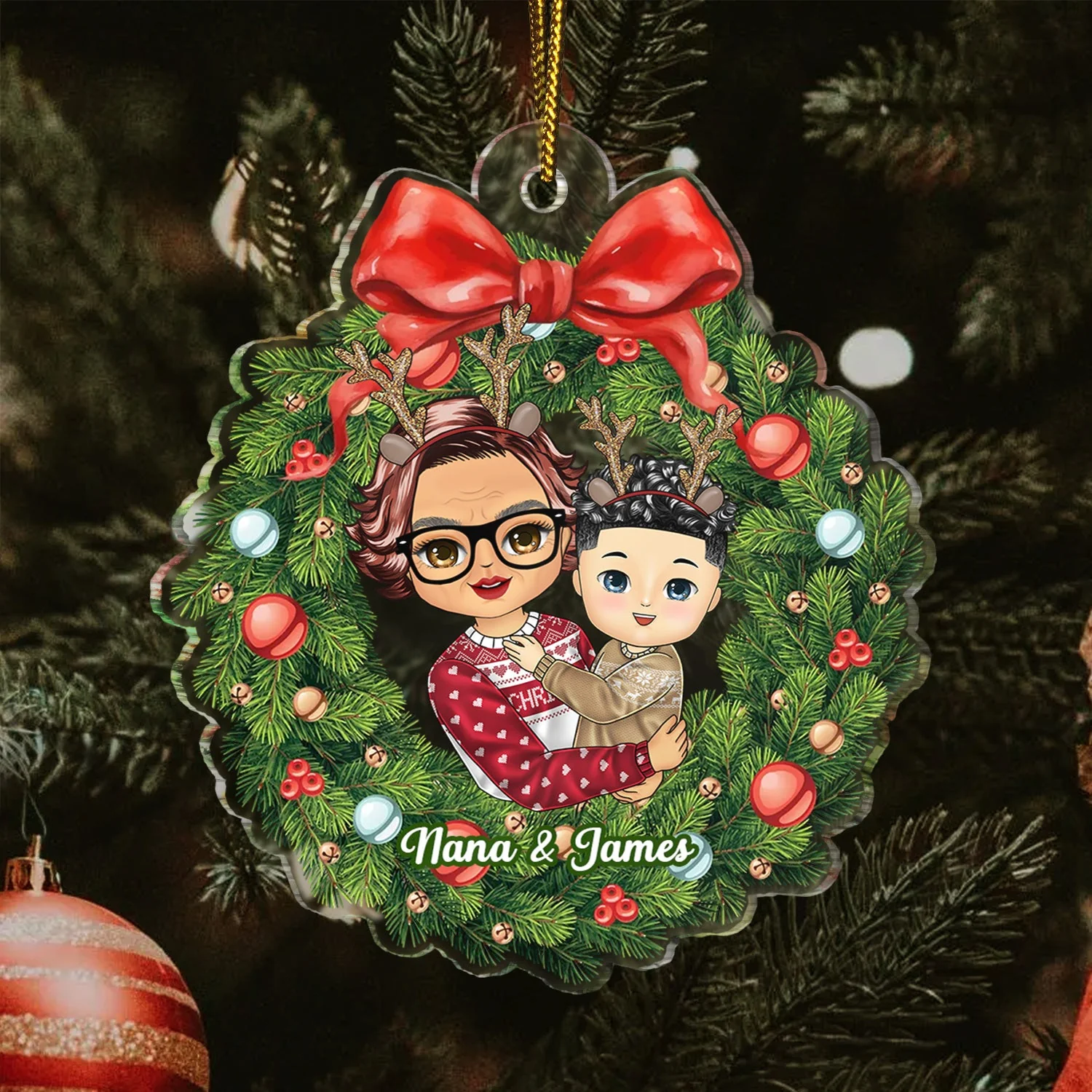 Grandparents Hug Grandkids Christmas Wreath - Gift For Grandma, Grandmother, Grandfather, Grandpa - Personalized Custom Shaped Acrylic Ornament - Image 3