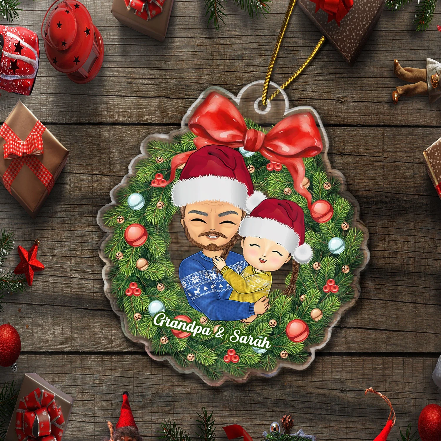 Grandparents Hug Grandkids Christmas Wreath - Gift For Grandma, Grandmother, Grandfather, Grandpa - Personalized Custom Shaped Acrylic Ornament - Image 5