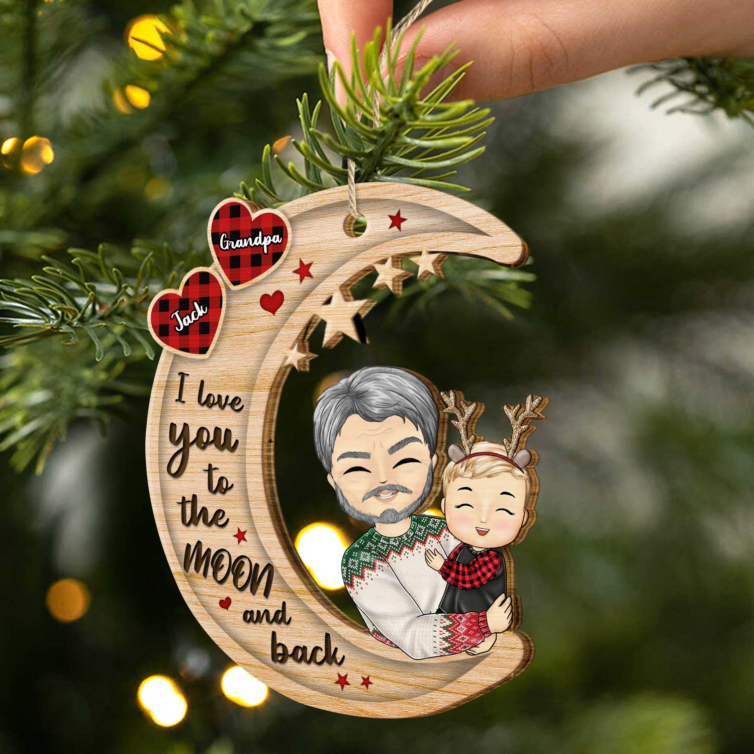 Grandparents Hug Grandkids Sitting On Moon - Christmas Gift For Granddaughter, Grandson - Personalized Wooden Cutout Ornament - Image 2