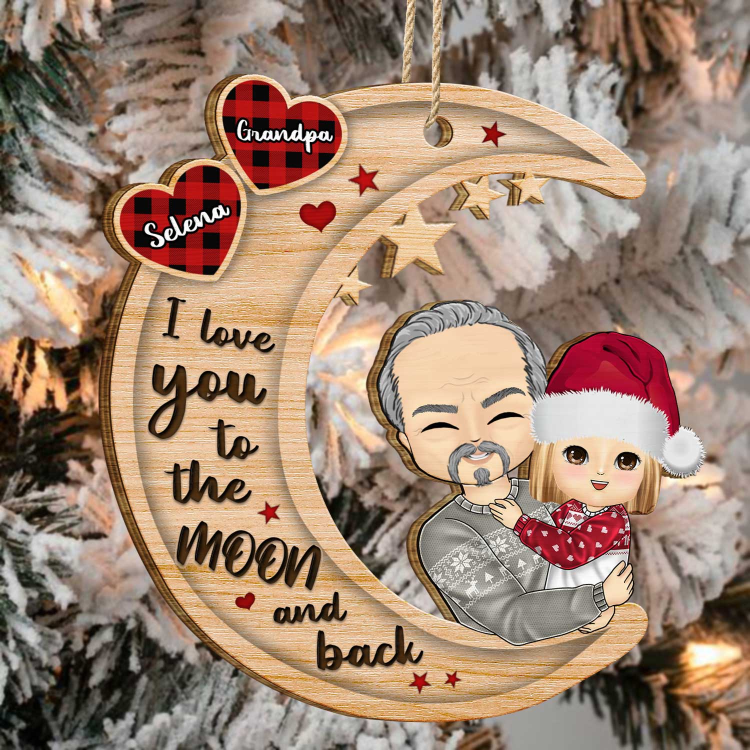 Grandparents Hug Grandkids Sitting On Moon - Christmas Gift For Granddaughter, Grandson - Personalized Wooden Cutout Ornament - Image 4
