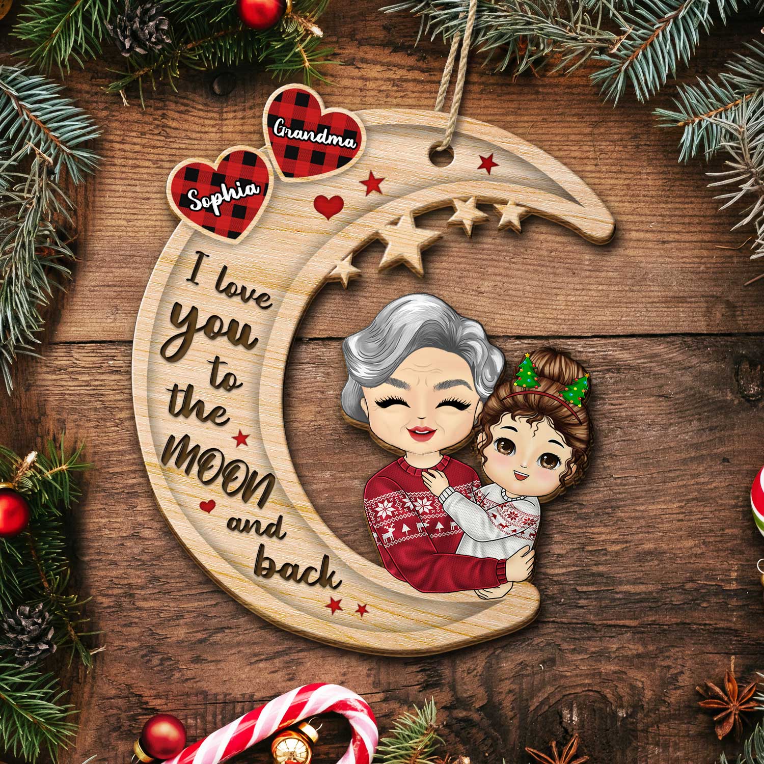 Grandparents Hug Grandkids Sitting On Moon - Christmas Gift For Granddaughter, Grandson - Personalized Wooden Cutout Ornament - Image 5