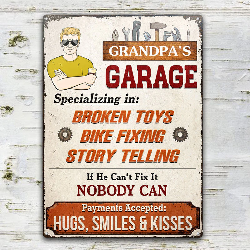 Grandpa's Garage Specializing In Broken Toys Bike Fixing - Father Gift - Personalized Custom Classic Metal Signs - Image 2