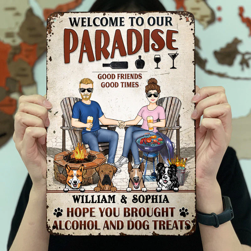 Grilling Backyard Family Couple Hope You Brought Alcohol And Dog Treats - Patio Signs - Personalized Custom Classic Metal Signs - Image 3