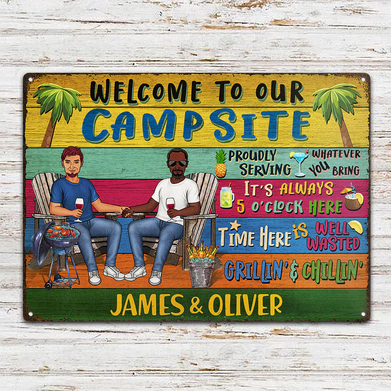 Grilling Couple Welcome To Our Patio Proudly Serving Whatever You Bring - Gift For Couples - Personalized Custom Classic Metal Signs - Image 2