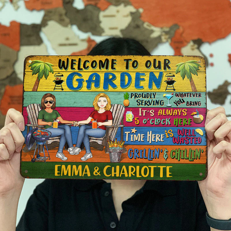 Grilling Couple Welcome To Our Patio Proudly Serving Whatever You Bring - Gift For Couples - Personalized Custom Classic Metal Signs - Image 3