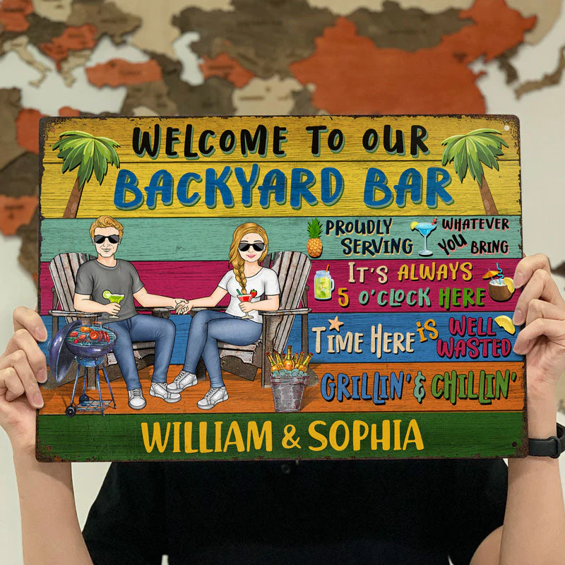 Grilling Couple Welcome To Our Patio Proudly Serving Whatever You Bring - Gift For Couples - Personalized Custom Classic Metal Signs - Image 4