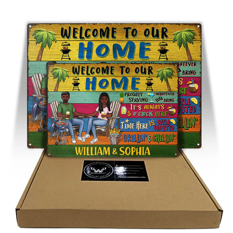 Grilling Couple Welcome To Our Patio Proudly Serving Whatever You Bring - Gift For Couples - Personalized Custom Classic Metal Signs - Image 5