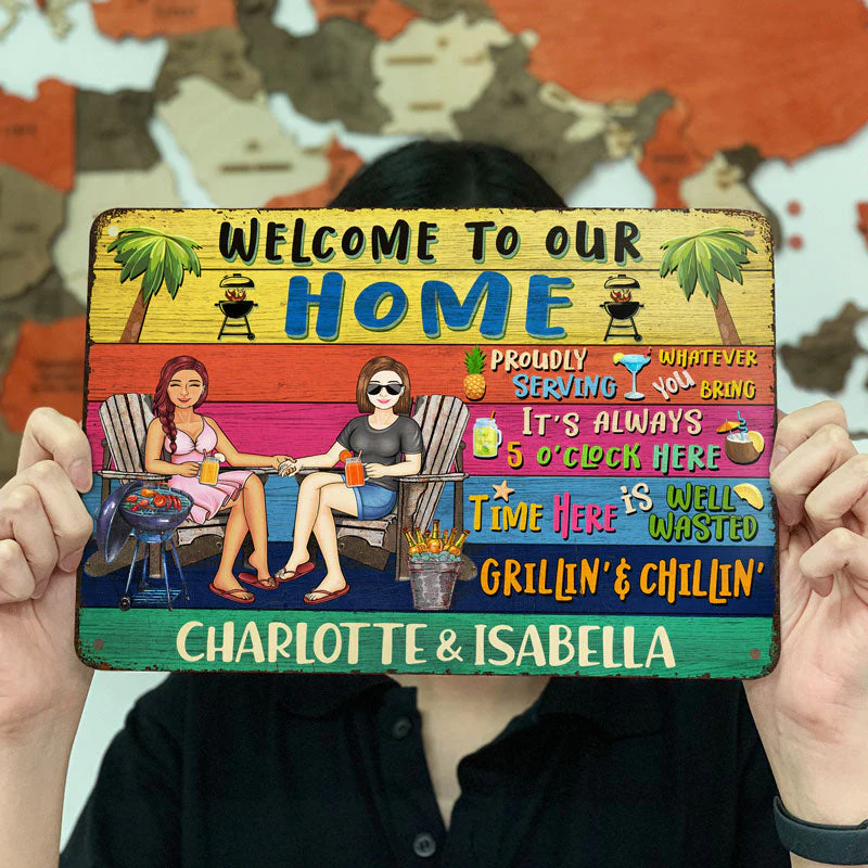 Grilling Couple Welcome To Our Pool Proudly Serving Whatever You Bring - Gift For Couples - Personalized Custom Classic Metal Signs - Image 3