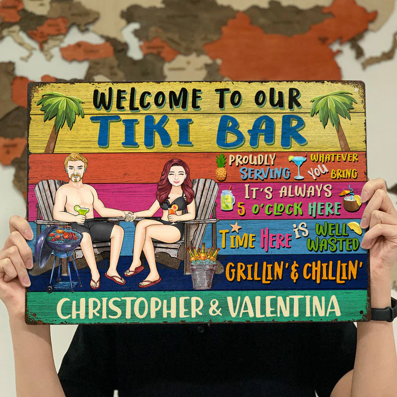 Grilling Couple Welcome To Our Pool Proudly Serving Whatever You Bring - Gift For Couples - Personalized Custom Classic Metal Signs - Image 4
