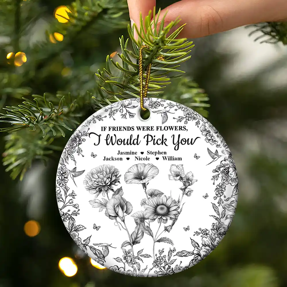 Grow An Old Friend Toile Birth Flower - Personalized Circle Ceramic Ornament - Image 3