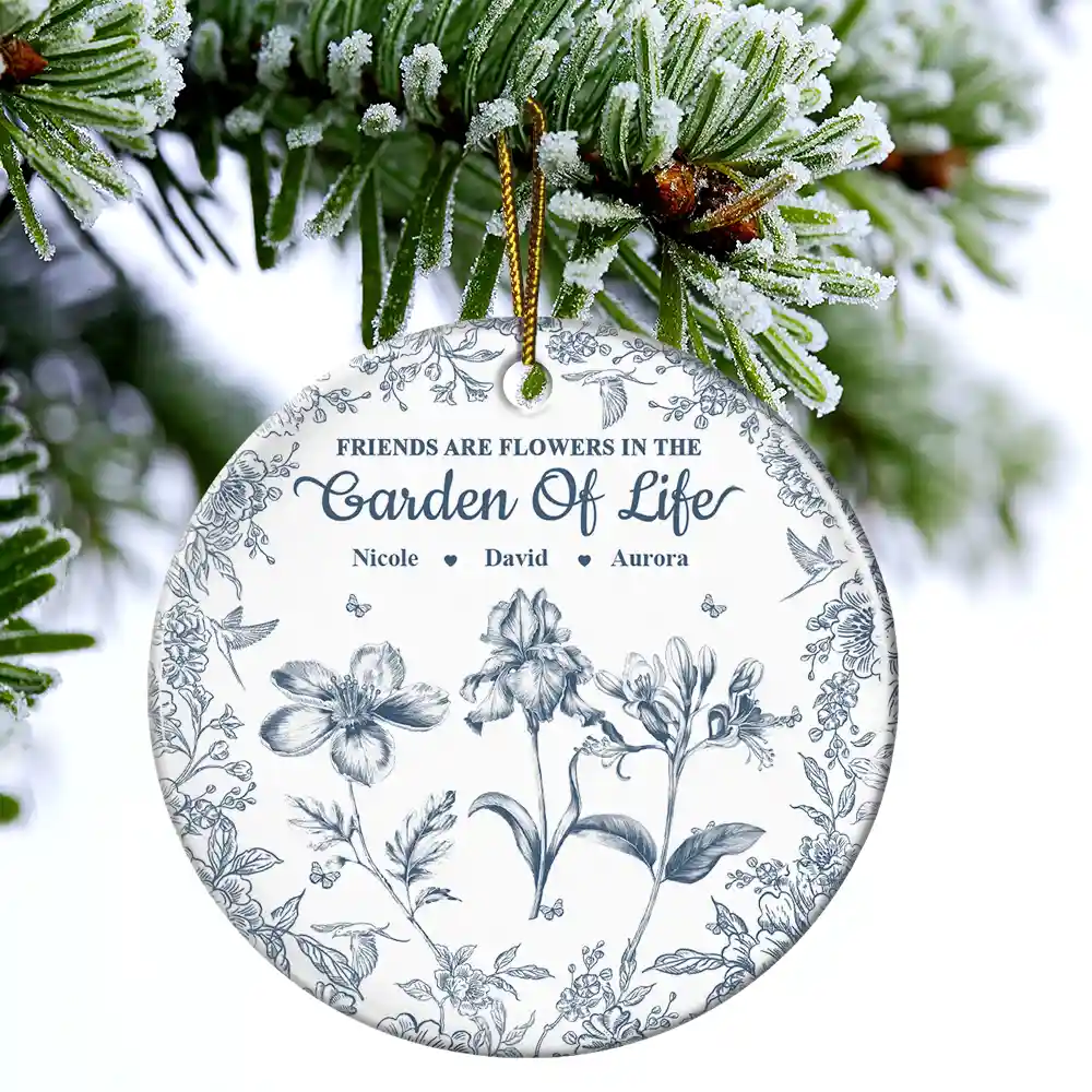 Grow An Old Friend Toile Birth Flower - Personalized Circle Ceramic Ornament - Image 4