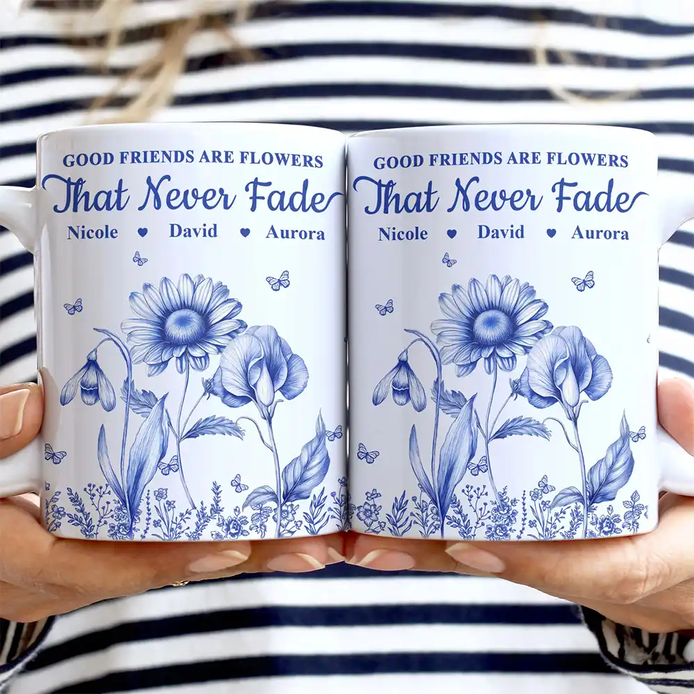 Grow An Old Friend Toile Birth Flower - Personalized White Edge-to-Edge Mug - Image 2