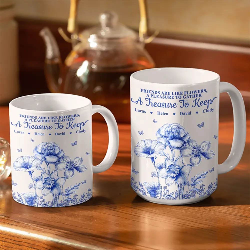 Grow An Old Friend Toile Birth Flower - Personalized White Edge-to-Edge Mug - Image 3