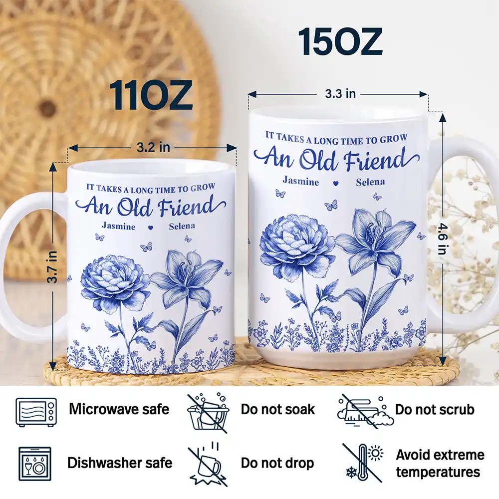 Grow An Old Friend Toile Birth Flower - Personalized White Edge-to-Edge Mug - Image 5