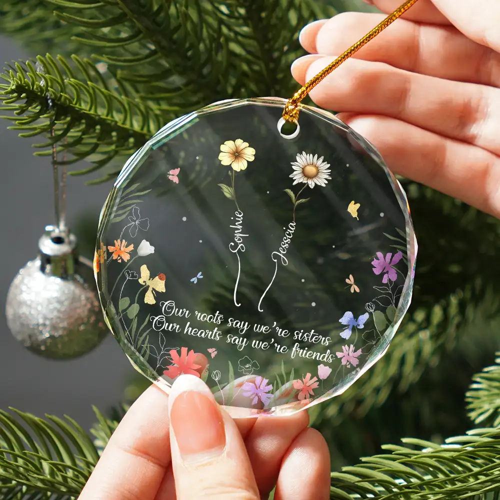 Growing Birth Flower Sisters From The Same Garden - Personalized Circle Glass Ornament - Image 2
