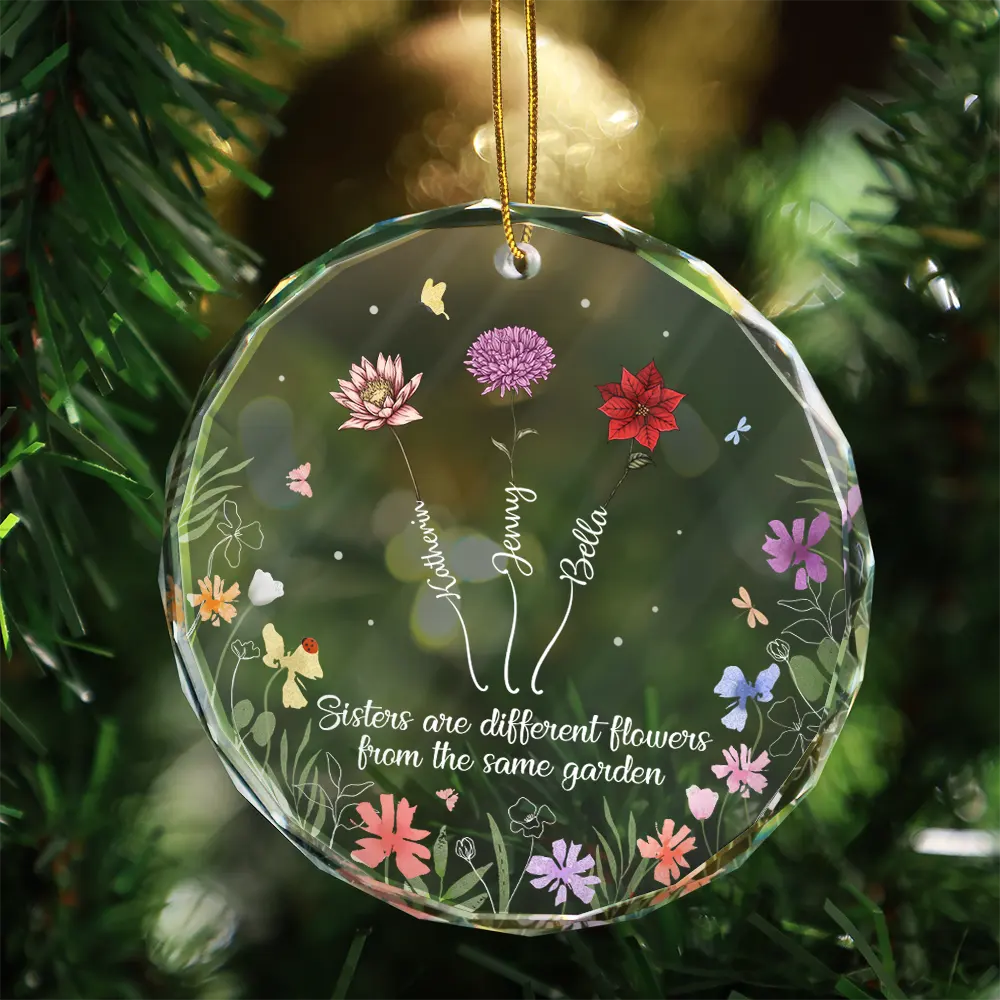 Growing Birth Flower Sisters From The Same Garden - Personalized Circle Glass Ornament - Image 3