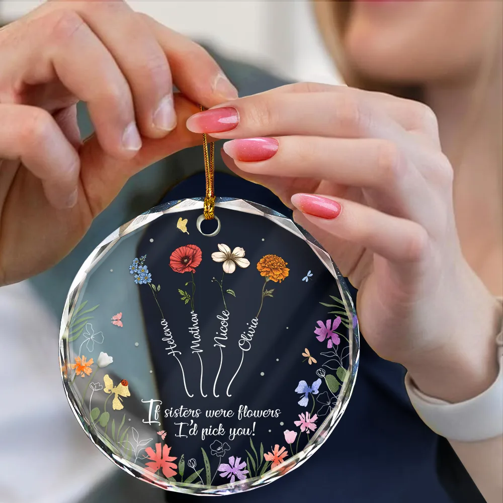 Growing Birth Flower Sisters From The Same Garden - Personalized Circle Glass Ornament - Image 4