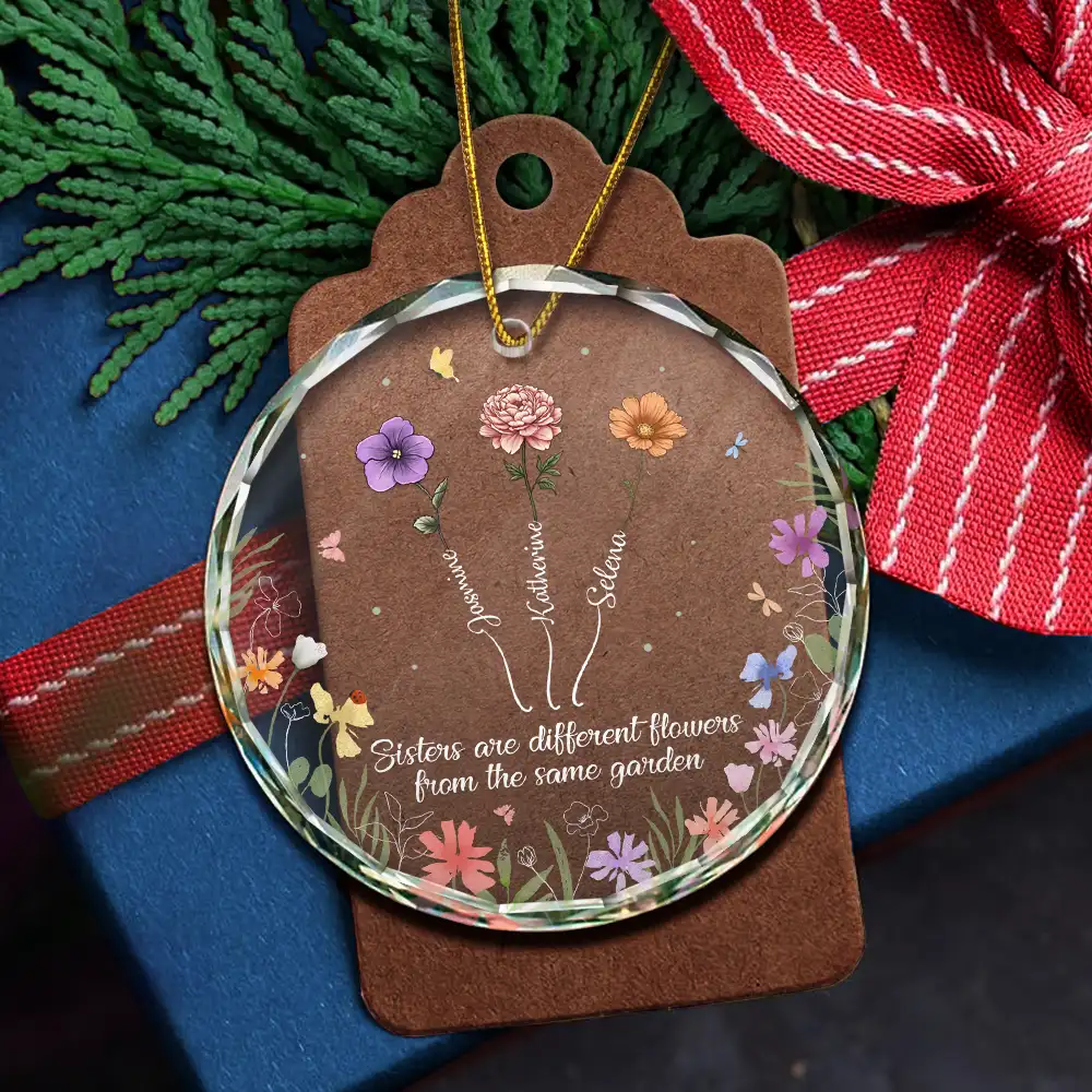 Growing Birth Flower Sisters From The Same Garden - Personalized Circle Glass Ornament - Image 5