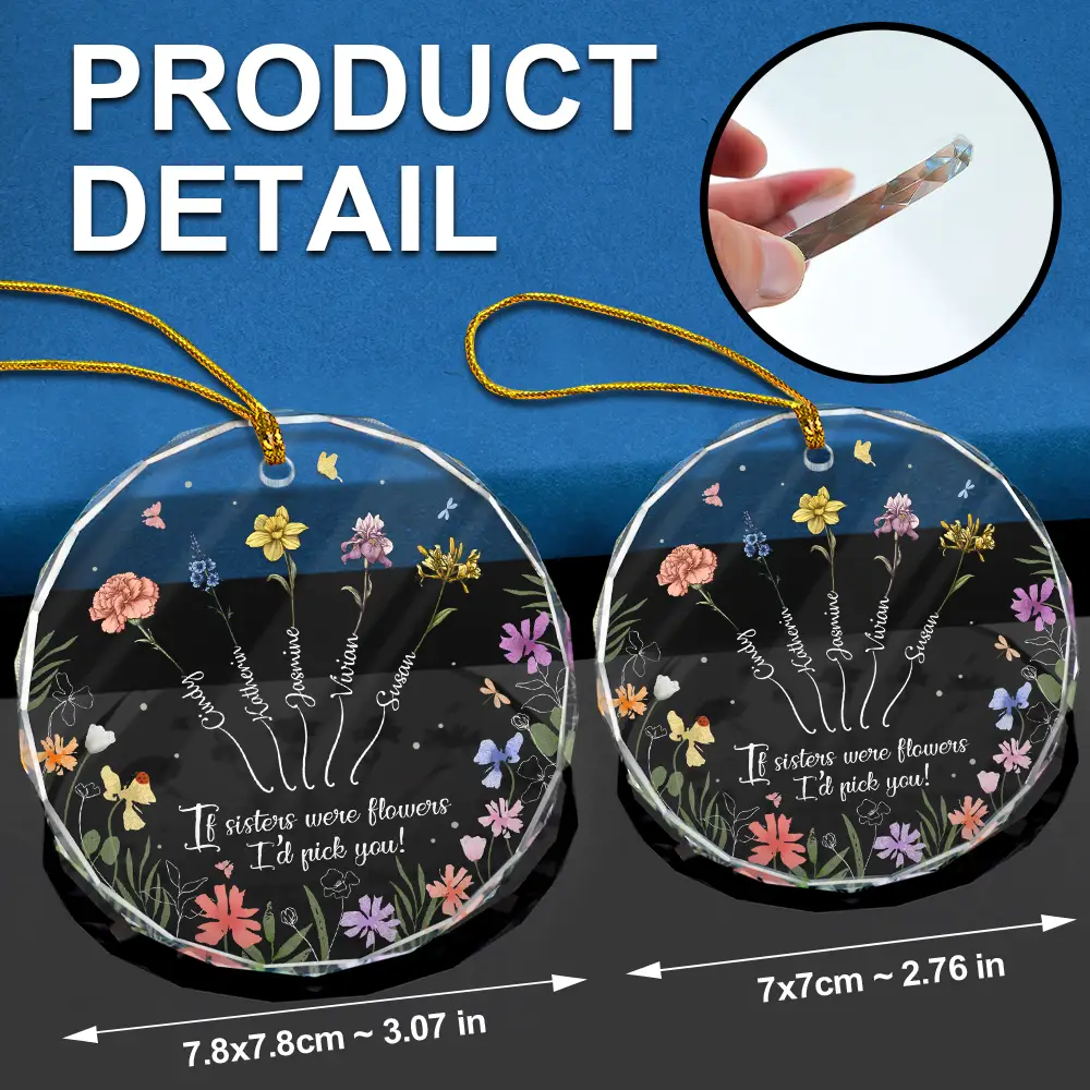 Growing Birth Flower Sisters From The Same Garden - Personalized Circle Glass Ornament - Image 6