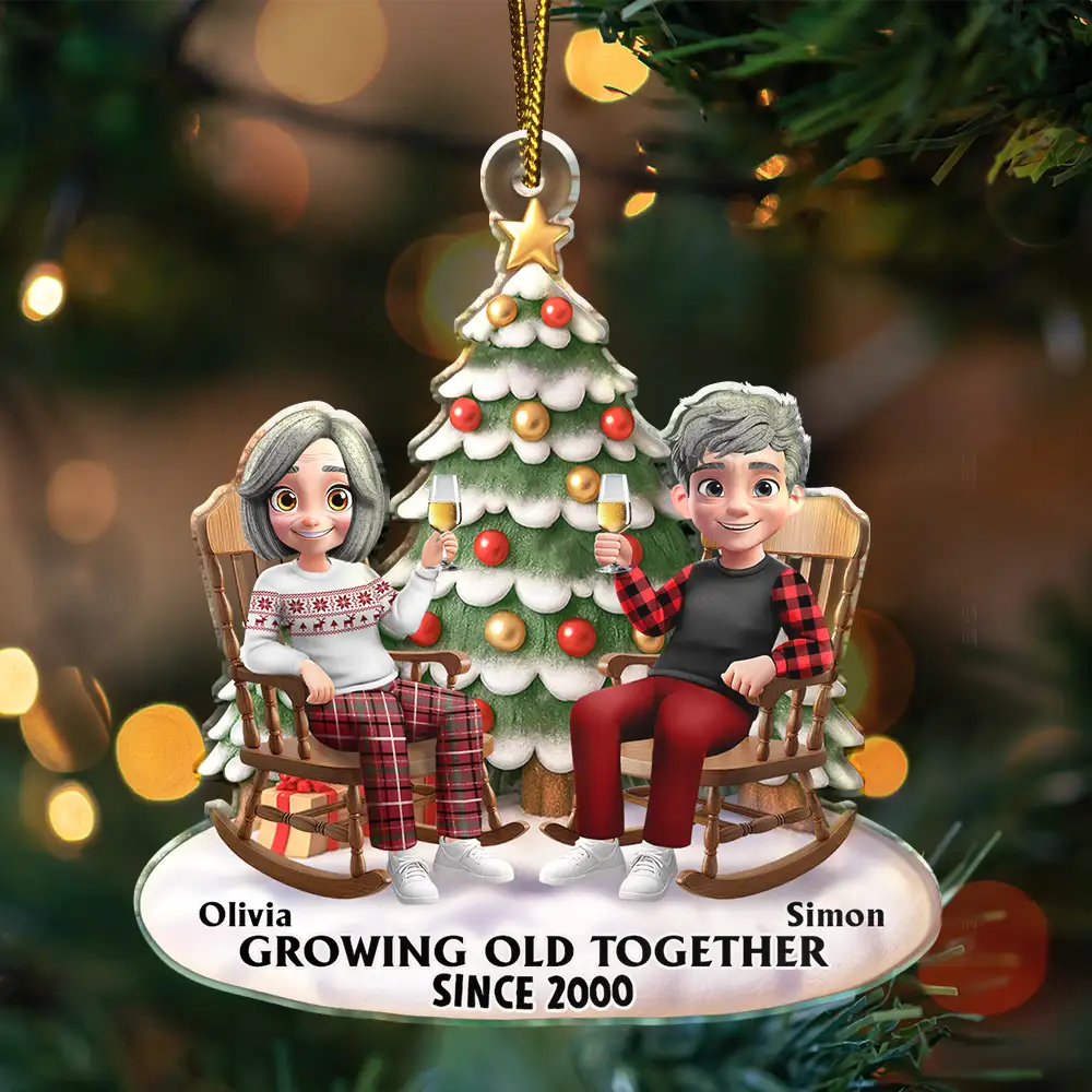 Growing Old Together 3D Effect Couple Sitting - Personalized Custom Shaped Acrylic Ornament - Image 3