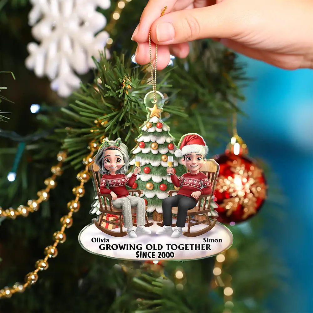 Growing Old Together 3D Effect Couple Sitting - Personalized Custom Shaped Acrylic Ornament - Image 4