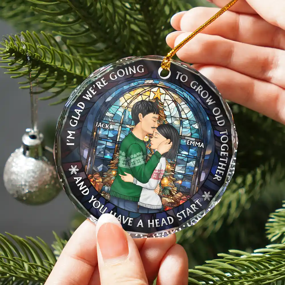Growing Old Together Side View Couple - Personalized Circle Glass Ornament - Image 2