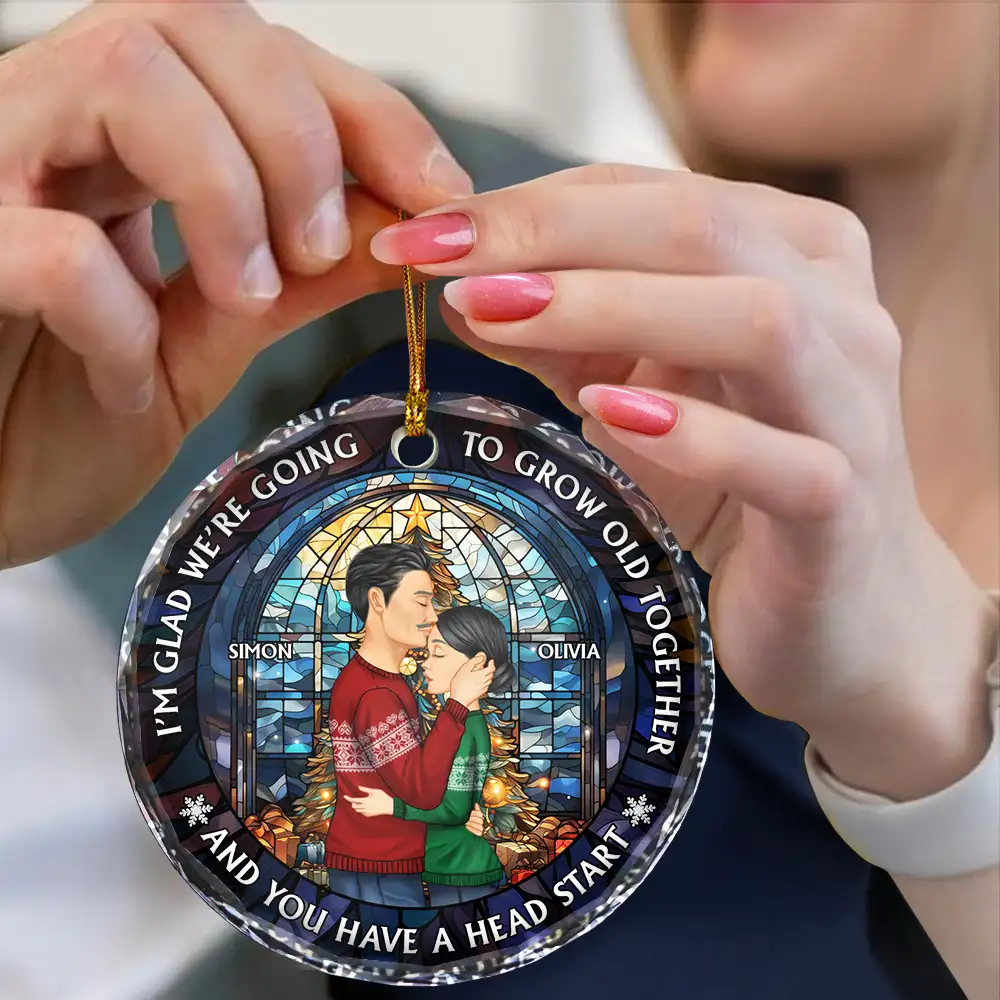 Growing Old Together Side View Couple - Personalized Circle Glass Ornament - Image 4