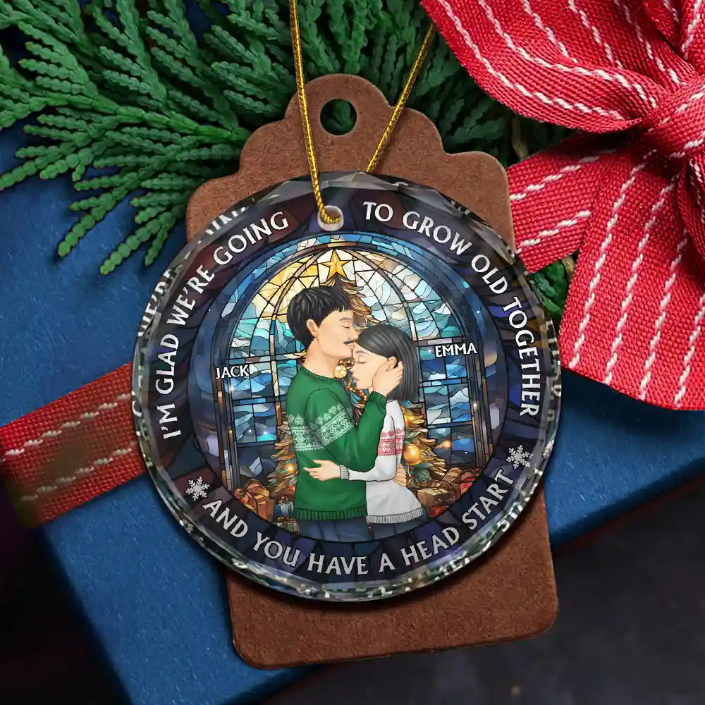 Growing Old Together Side View Couple - Personalized Circle Glass Ornament - Image 5