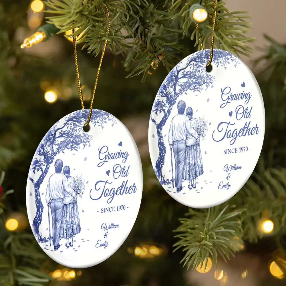 Growing Old Together Since Old Couple Toile - Personalized Circle Ceramic Ornament - Image 2