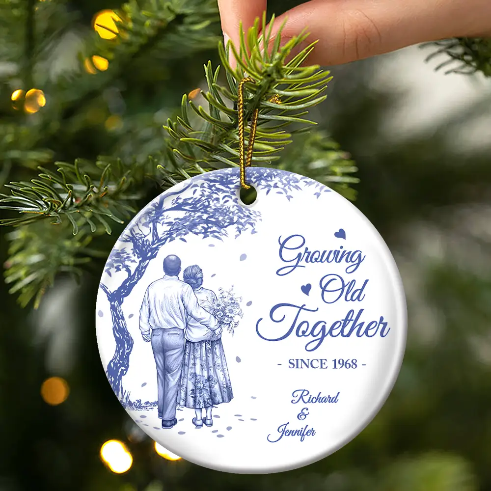 Growing Old Together Since Old Couple Toile - Personalized Circle Ceramic Ornament - Image 3