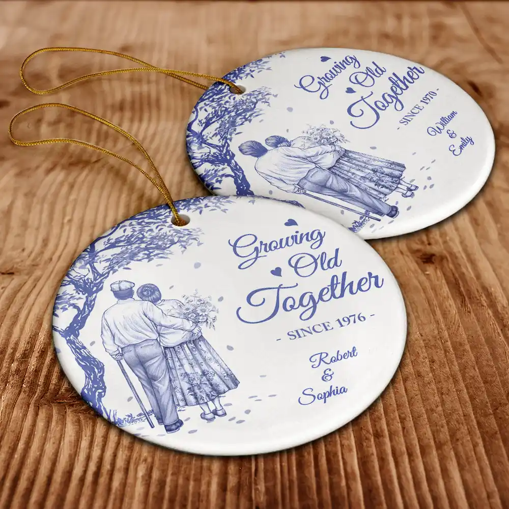 Growing Old Together Since Old Couple Toile - Personalized Circle Ceramic Ornament - Image 6