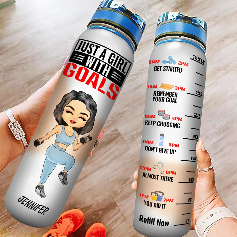 Gym Bottle Lifing Chibi Girl With Goals - Personalized Custom Water Tracker Bottle - Image 3
