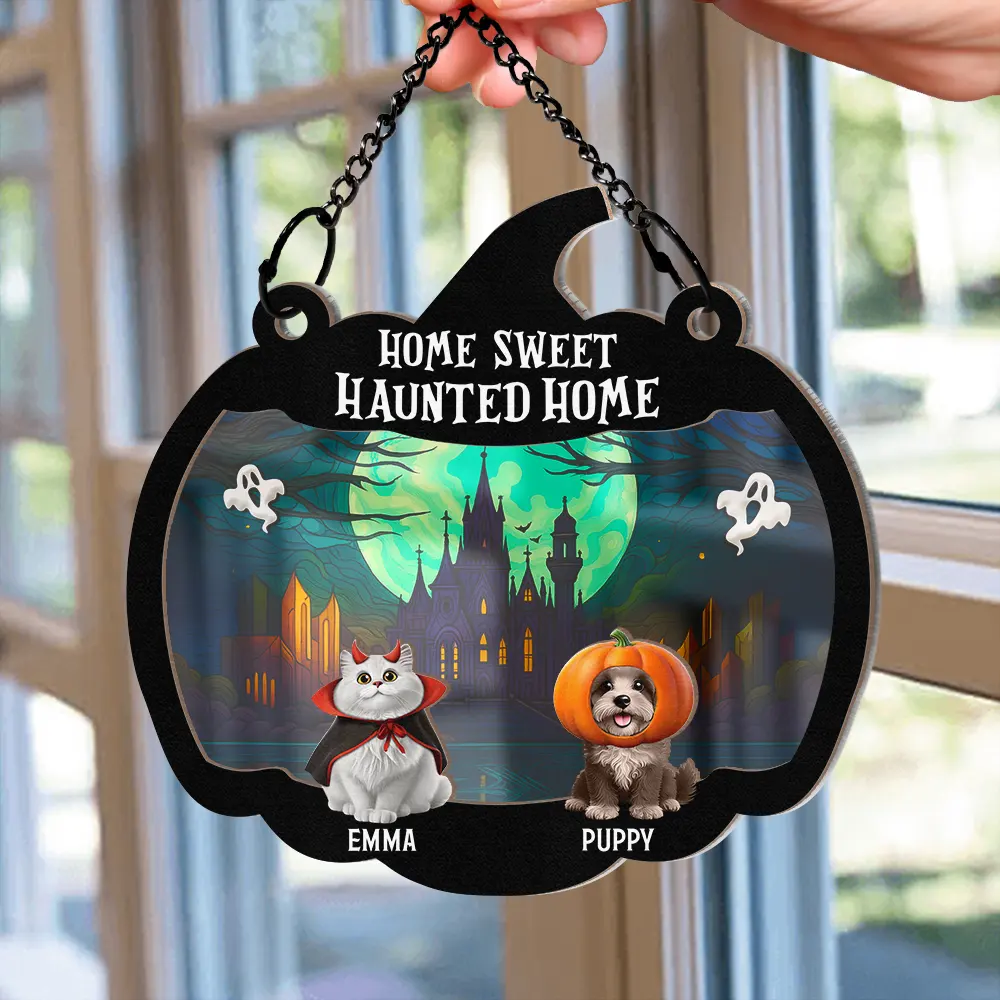Halloween Home Sweet Haunted Home Pet Lovers - Personalized Window Hanging Suncatcher Ornament - Image 2