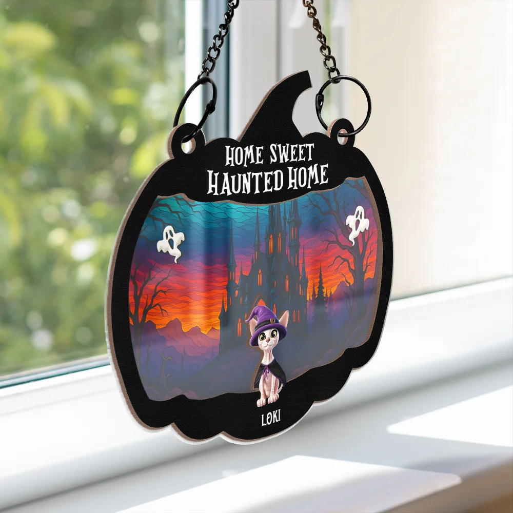 Halloween Home Sweet Haunted Home Pet Lovers - Personalized Window Hanging Suncatcher Ornament - Image 3