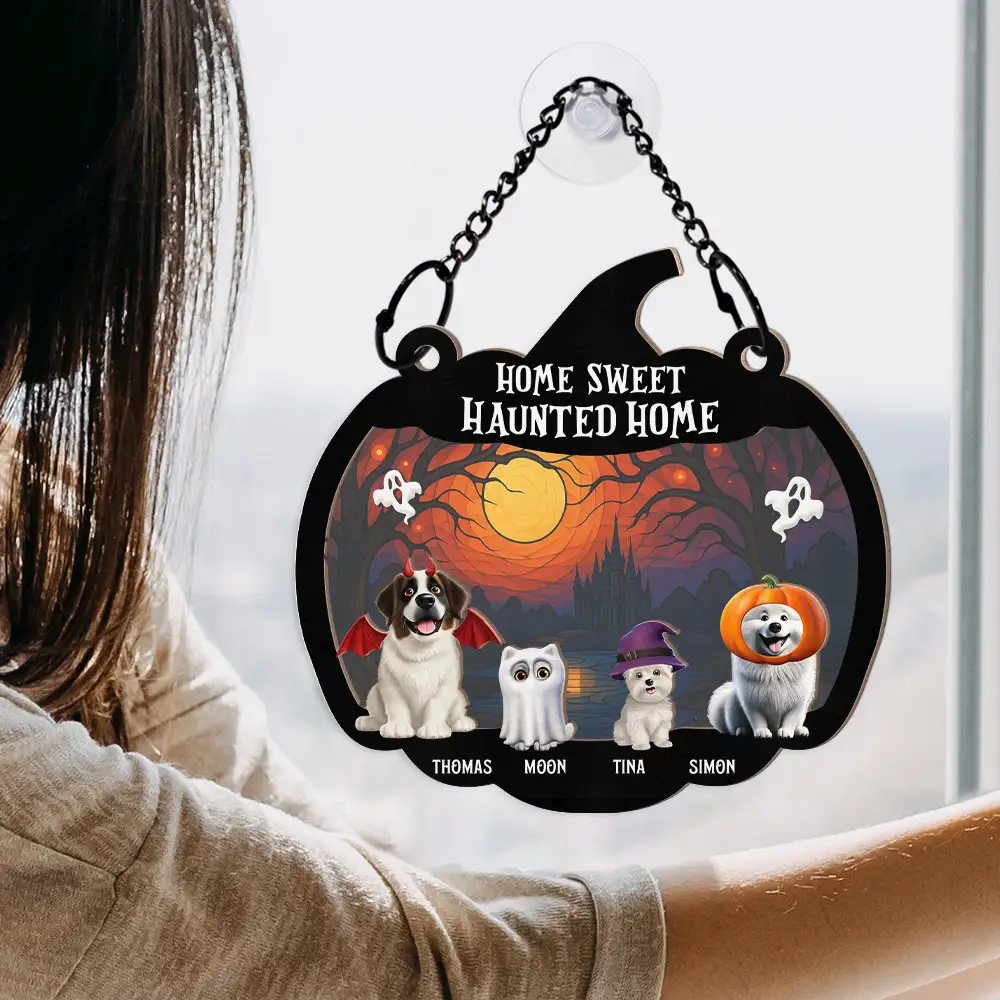 Halloween Home Sweet Haunted Home Pet Lovers - Personalized Window Hanging Suncatcher Ornament - Image 4